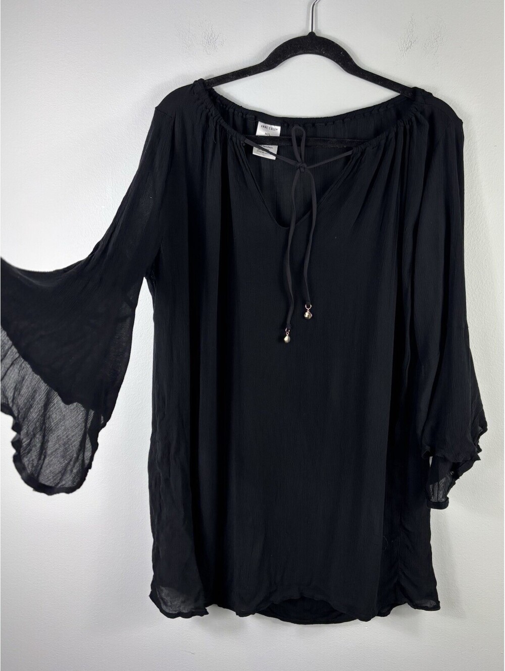 Anne Cole Swim Cover Up Women Sz M/L Black Bell Sleeve Keyhole Tie Tunic